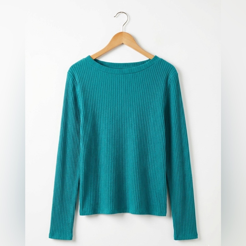 Pilcro Anthropologie Teal Ribbed Boat Neck Burnout Knit Top XL 90s Minimalist